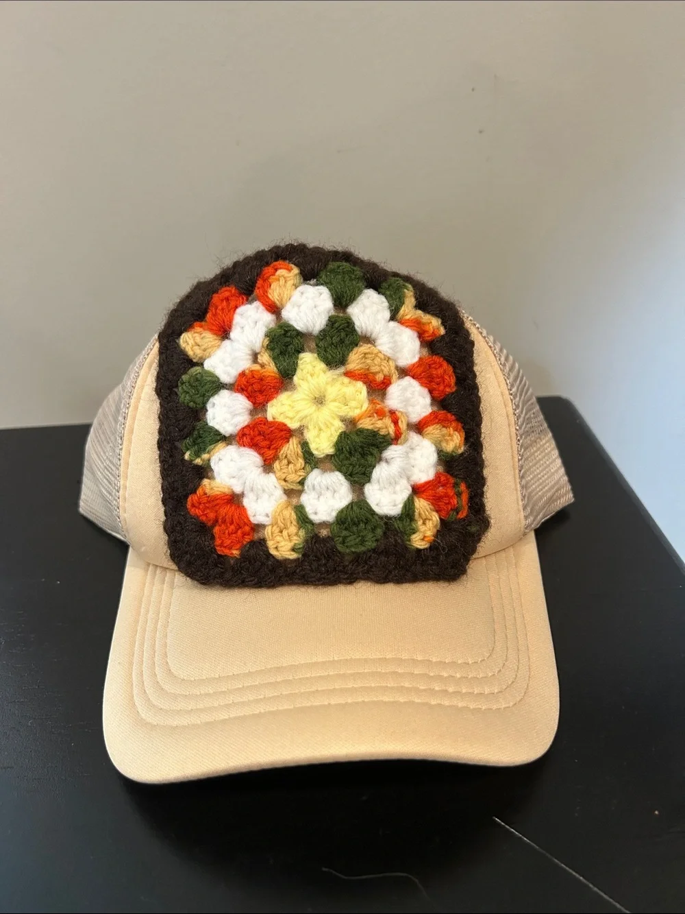 Granny square trucker hat! NWOT! Button back closure!